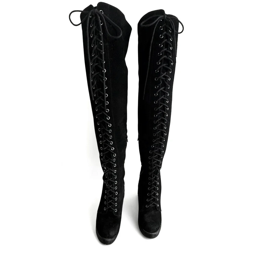 Aldo Black Suede Over The Knee Lace Up Boots Block Heel Lug Sole Womens Size 7